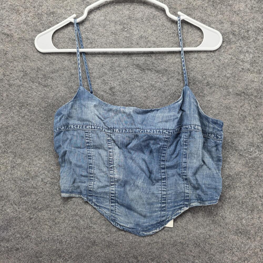 The Workshop Tank Cropped Womens M Blue Scoop Neck Strappy Sleeve Chambray Zip